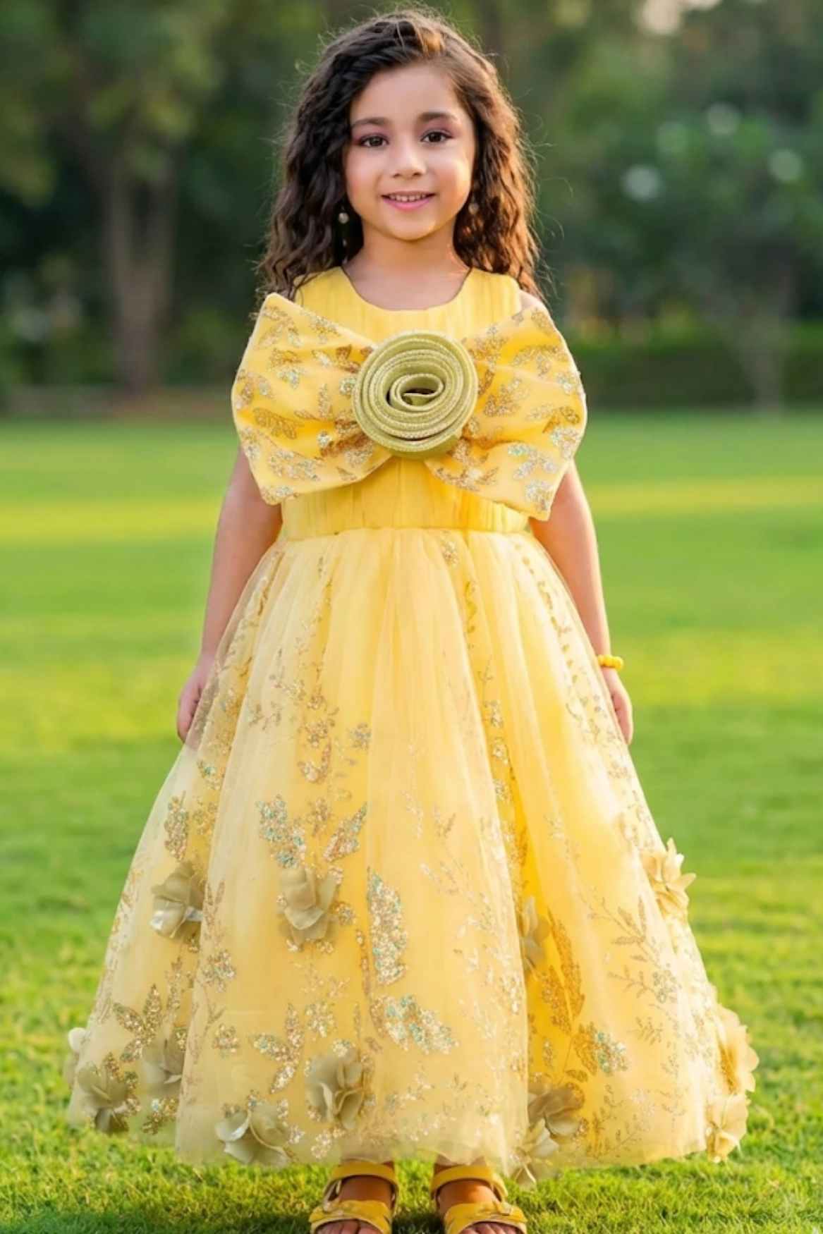 Yellow Sequin Party Gown with 3D Floral Bow For Girls