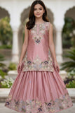 Girls Dusty Pink Embroidered Top with Flared Lehenga Set