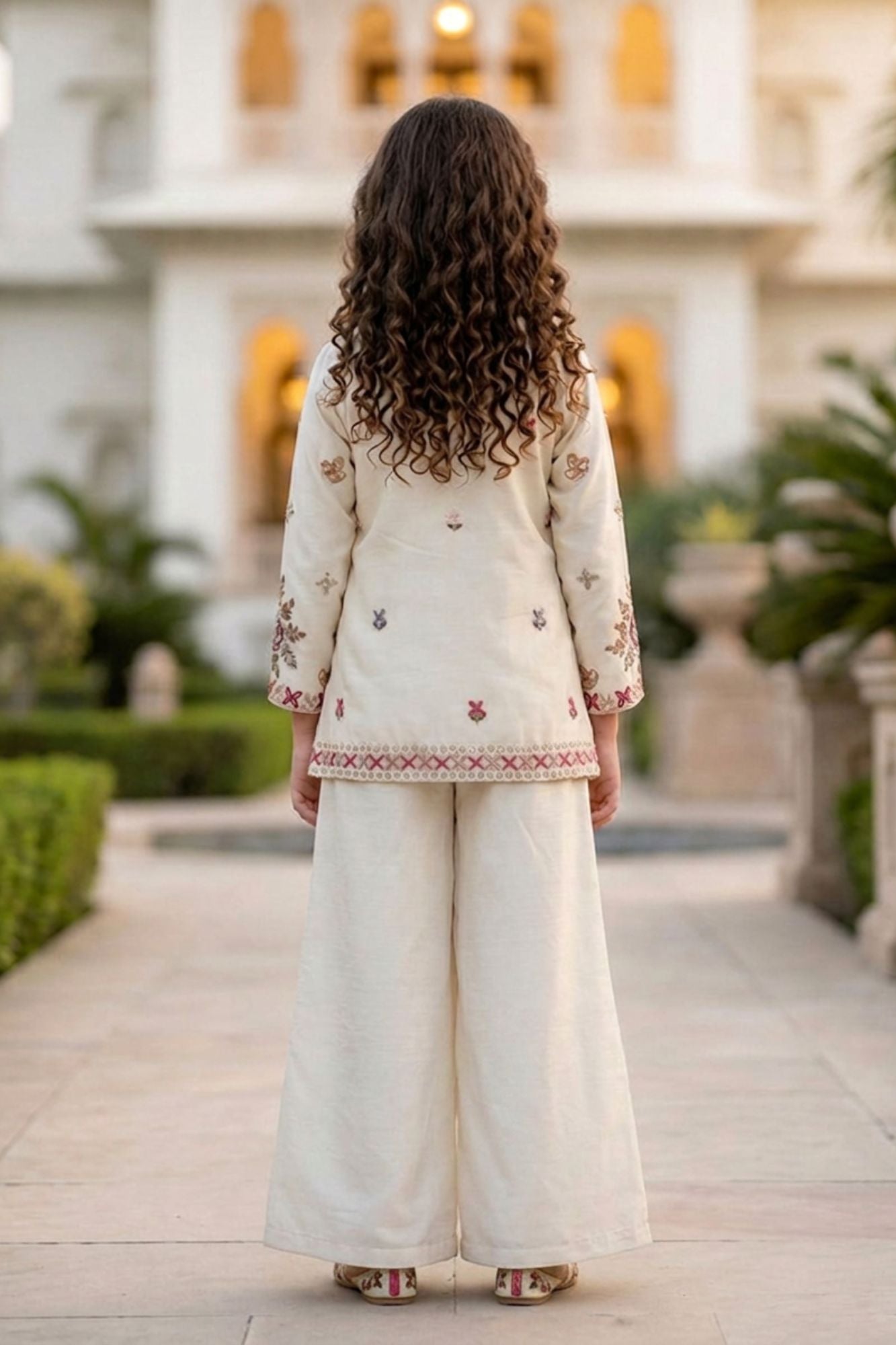 Ivory Embroidered Jacket & Palazzo Set With Designer Jacket
