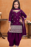 Wine  Embroidered Patiala Suit Set For Girls