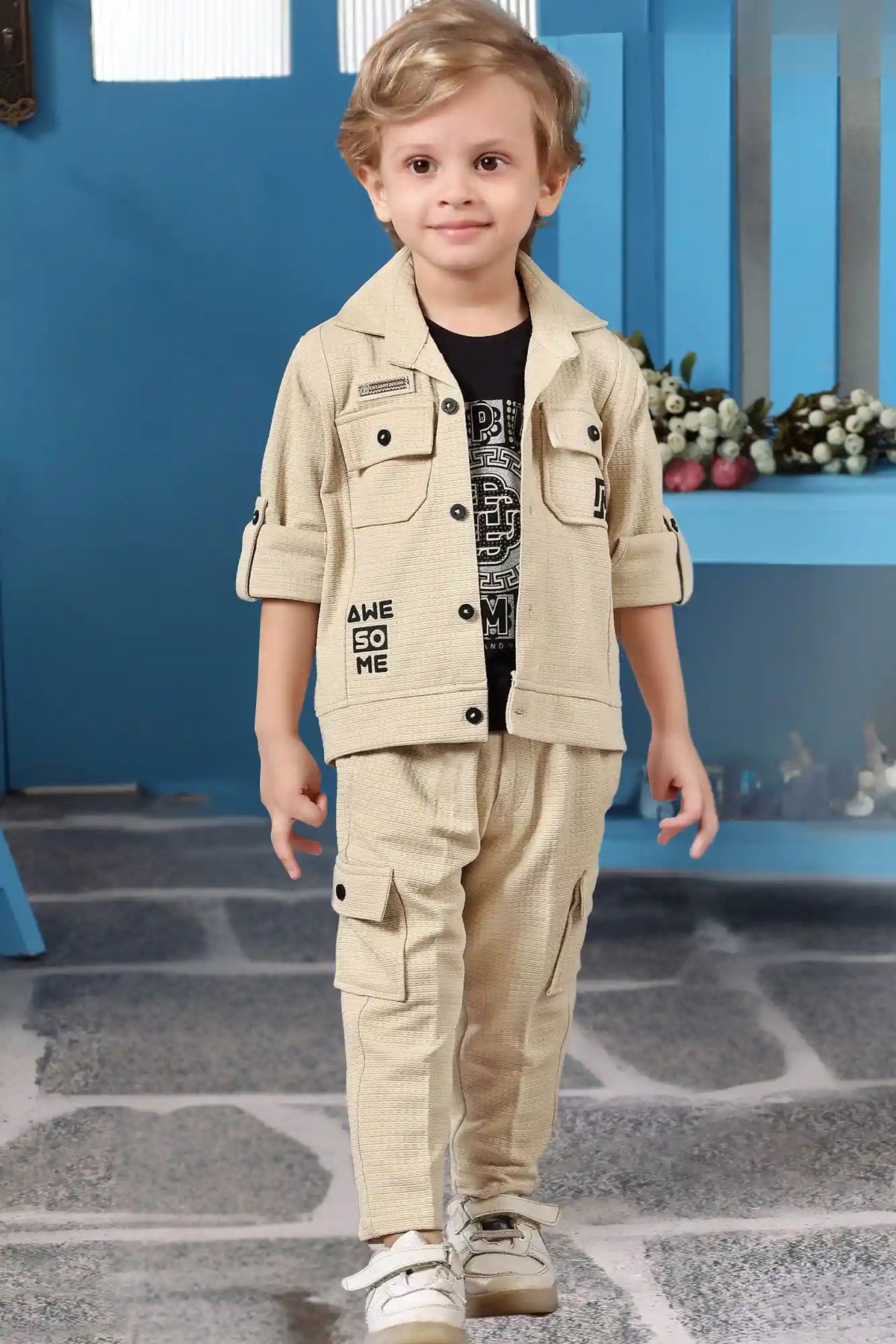 Beige And Black 3-Piece Utility Style Set with Cargo Pants For Boys