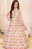 Elegant Cream Sequins And Mirror Work With Floral Printed Ethnic Gown For Girl
