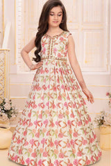 Elegant Cream Sequins And Mirror Work With Floral Printed Ethnic Gown For Girl