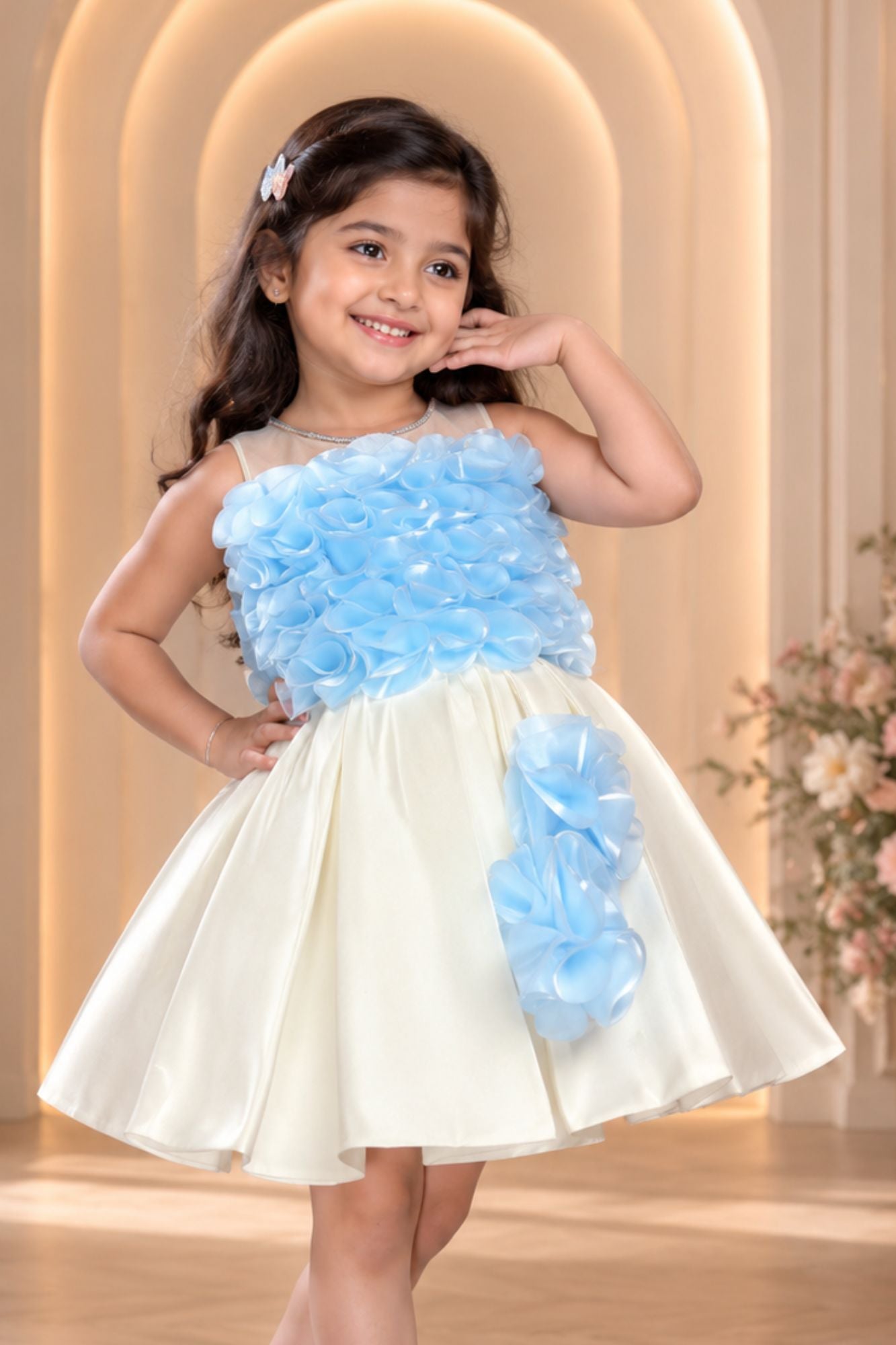 Stylish Blue And Cream Ruffled Frock For Girl