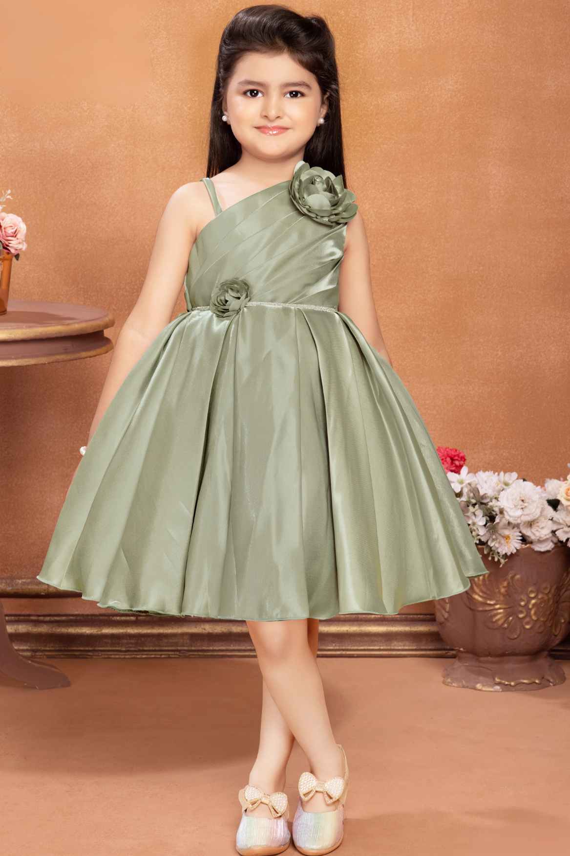 Olive Green Satin Frock With Floral Embellishment For Girls Lagorii Kids Olive Green Satin Frock With Floral Embellishment For Girls Lagorii Kids