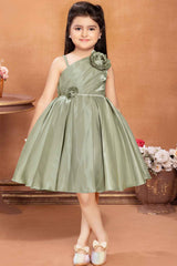 Olive Green Satin Frock With Floral Embellishment For Girls