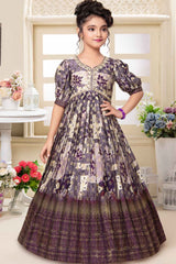 Purple Gown With Printed And Embroidery Work For Girls