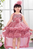 Onion Pink Party Frock with Sequin Bodice And Ruffle Layers For Girls