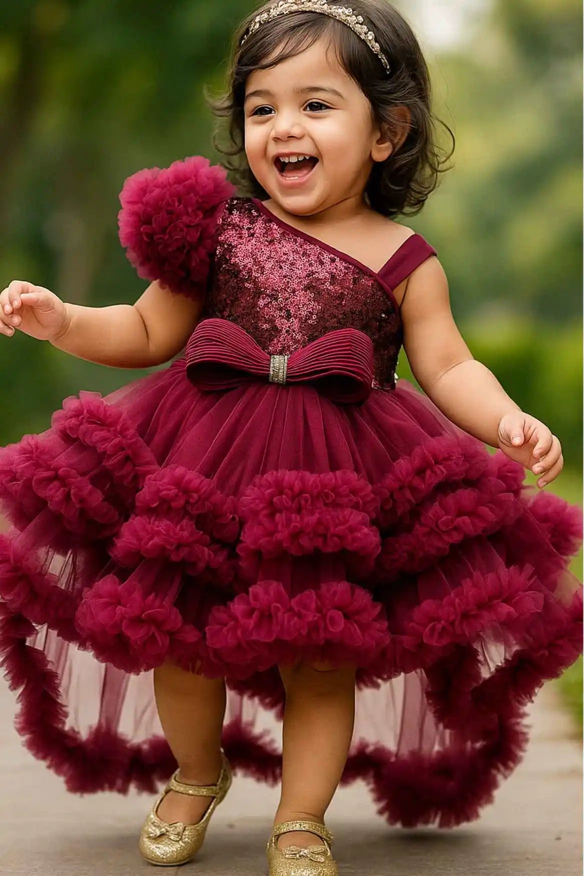 Wine Ruffle Party Frock With Sequin Bows And High-Low Hem For Girls