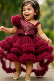 Wine Ruffle Party Frock With Sequin Bows And High-Low Hem For Girls