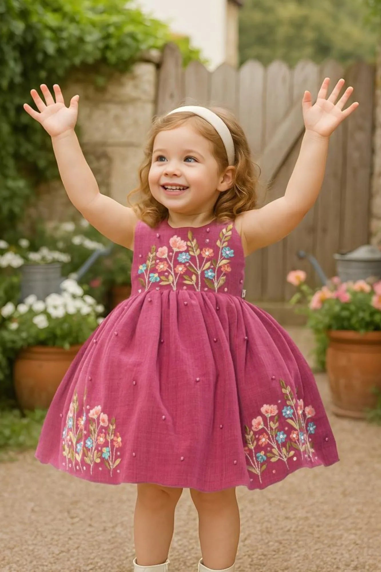 Berry Pink Embroidered Fit And Flare Dress For Girls