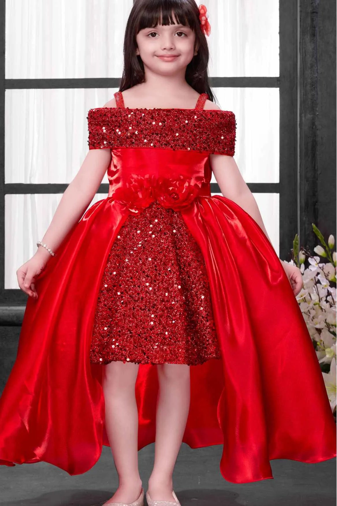 Red Sequined High-Low Party Wear Frock for Girls