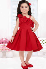 Red Sleeveless And Floral Embellished Frock For Girls