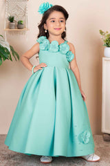 Sea Green Sleeveless With Floral Embellishment And Pearl Gown For Girls