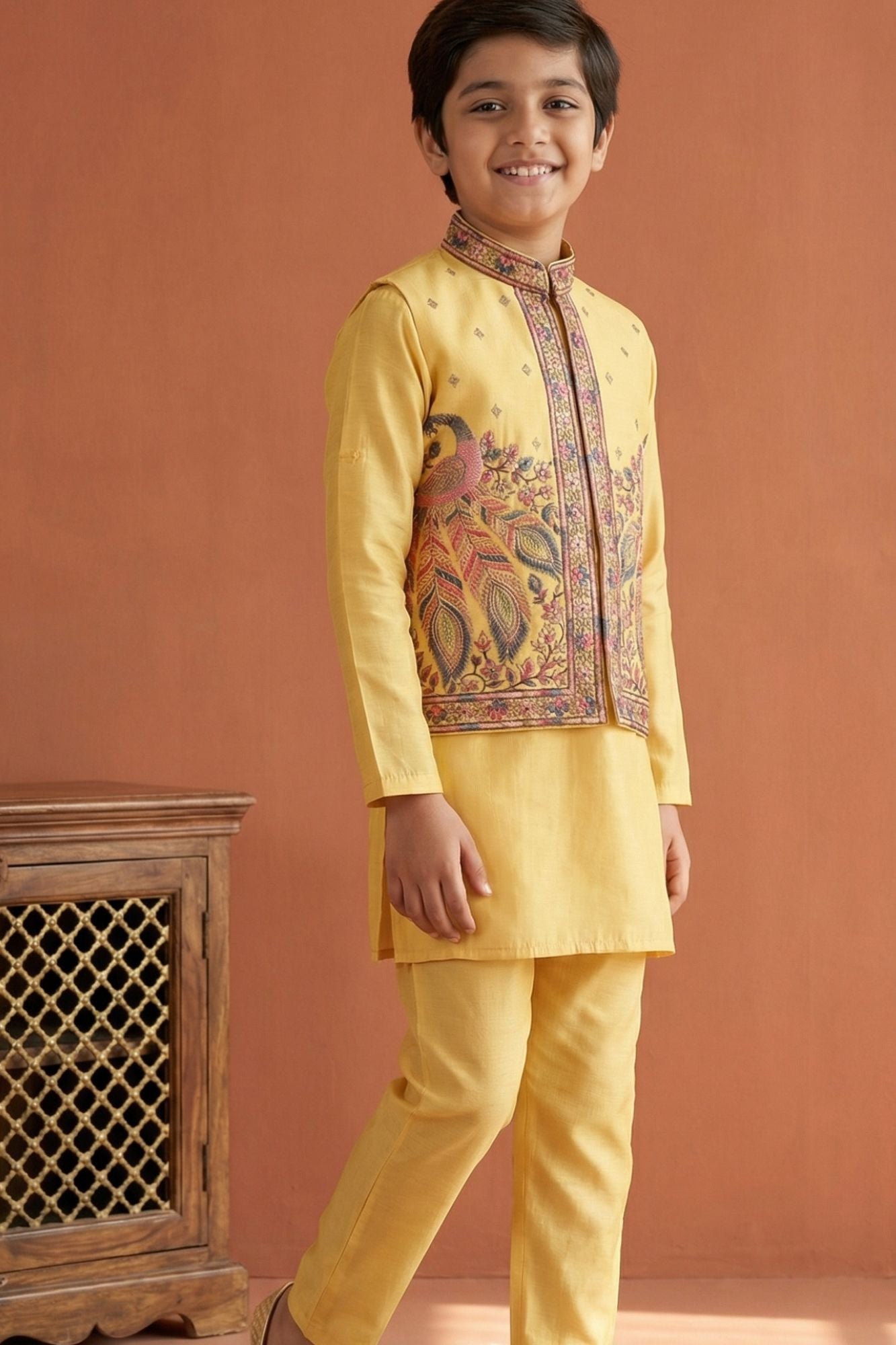 Mustard Yellow Embroidered Kurta Set with Nehru Jacket For Boys