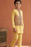 Mustard Yellow Embroidered Kurta Set with Nehru Jacket For Boys