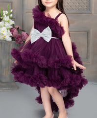 Wine Frock With Ruffled And Bow Embellishment For Girls