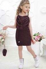 Pink Sequin Party Wear Dress With Cowl Neck For Girls