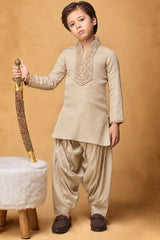 Boys Beige Zari Embroidered Kurta Dhoti Set