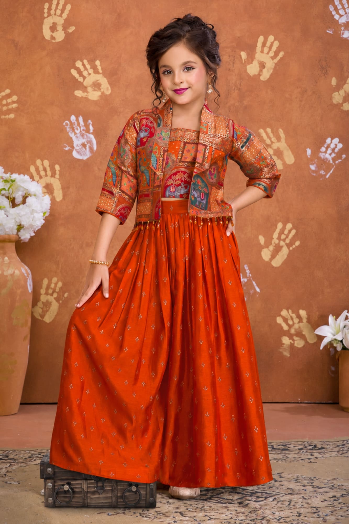 Girls Orange Printed Palazzo Set with Jacket and Palazzo Pants