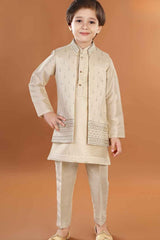 Fawn Sherwani Set With Sequin Embroidery For Boys