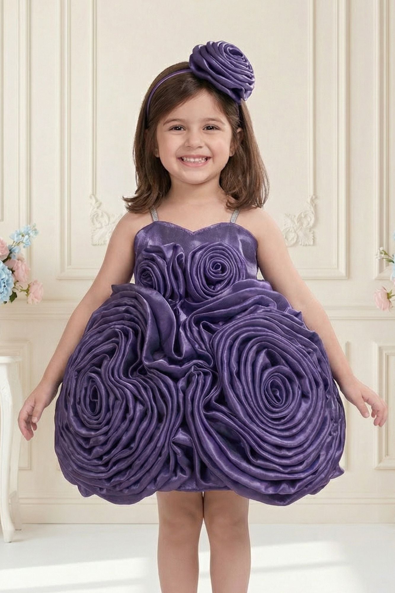Royal Purple 3D Rosette Appliqué Party Wear  Frock For Girls