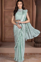 Sea Green Ruffled And Sequined Saree For Girls