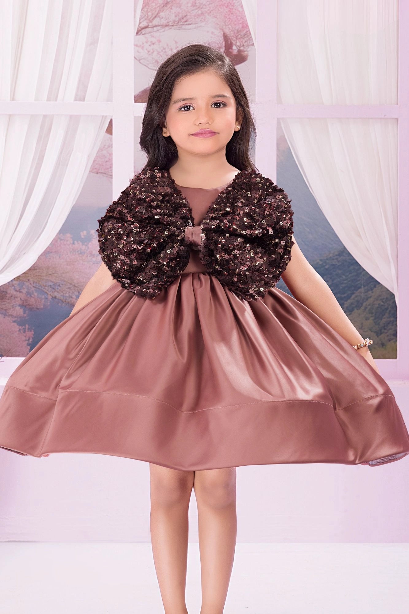 Dusky Peach Satin Party Frock with Oversized Sequin Bow For Girls