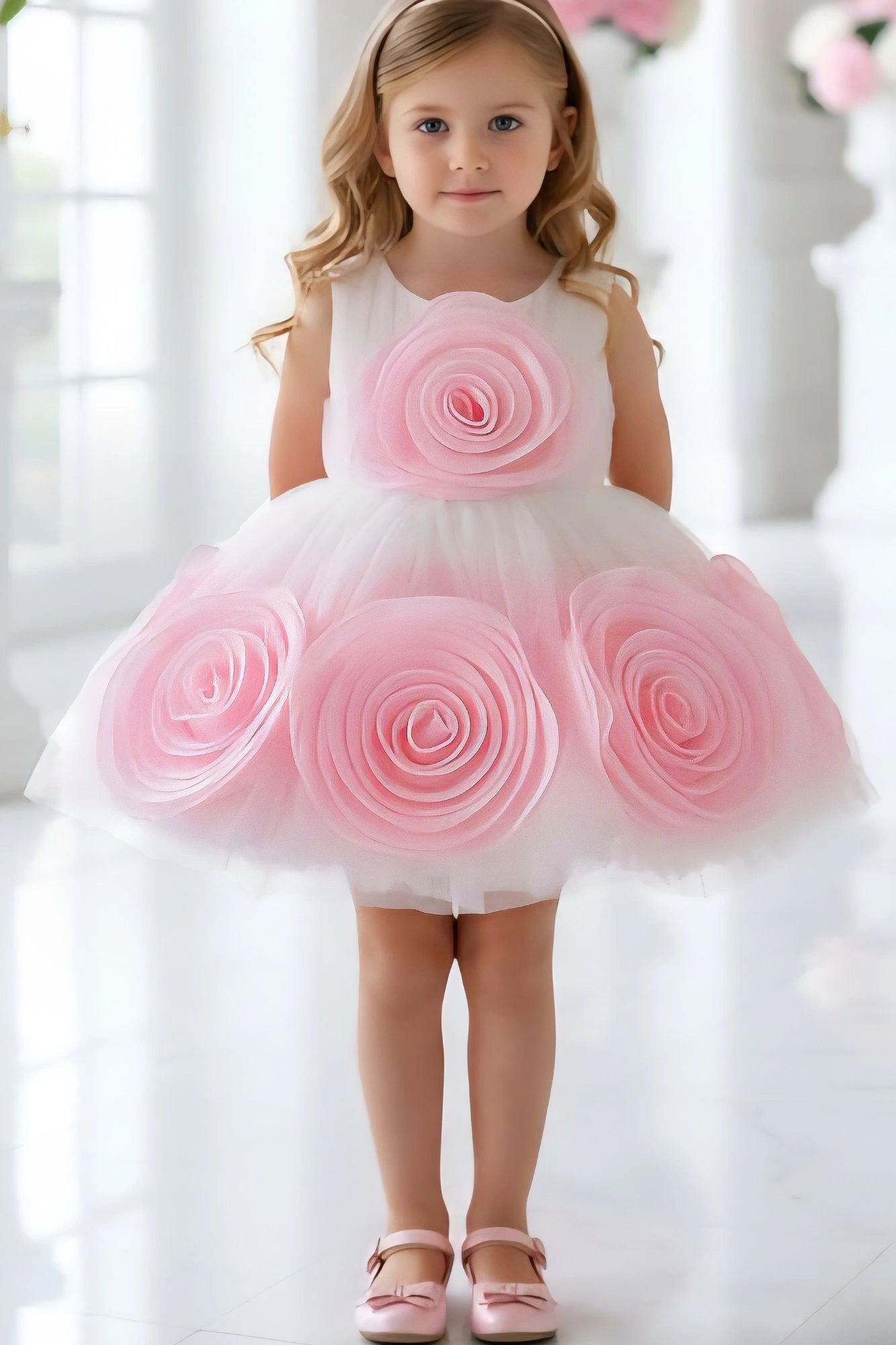 White & Pink 3D Rosette Embellished Party Wear Frock For Girls