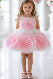 White & Pink 3D Rosette Embellished Party Wear Frock For Girls