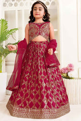 Maroon Mirror Work And Embroidered With Printed Lehenga Choli Set For Girls