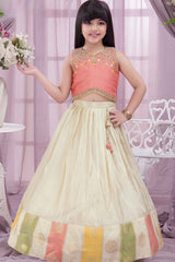 Pink And Cream Sleeveless With Sequins Embroidery Pattu Pavadai Set For Girls