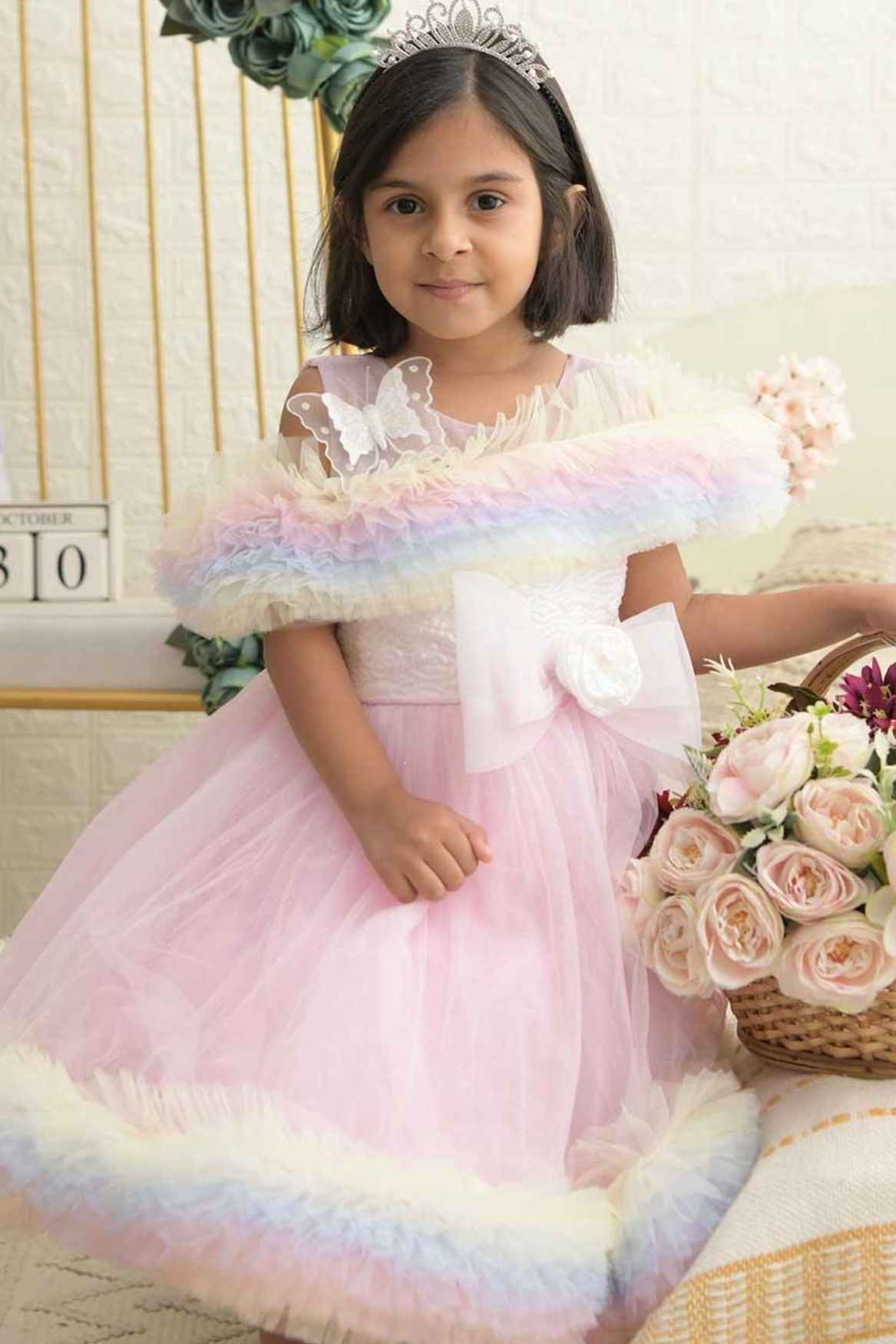 Pink Party Wear Ruffle Frock For Girls