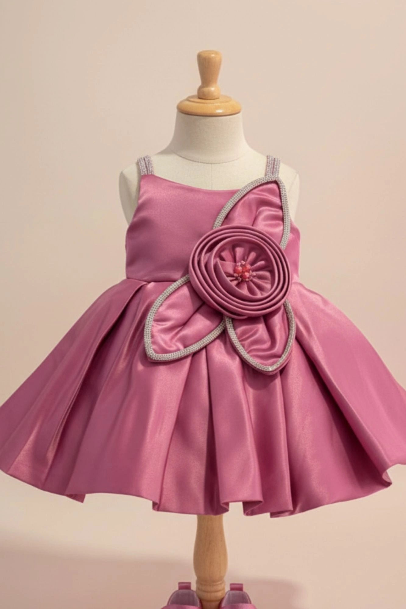 Pink Party Frock with Floral Rosette and Embellished Strap Detailing For Girls