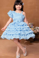 Sky Blue One Shoulder Sleeve And Floral Embellished Frock For Girls