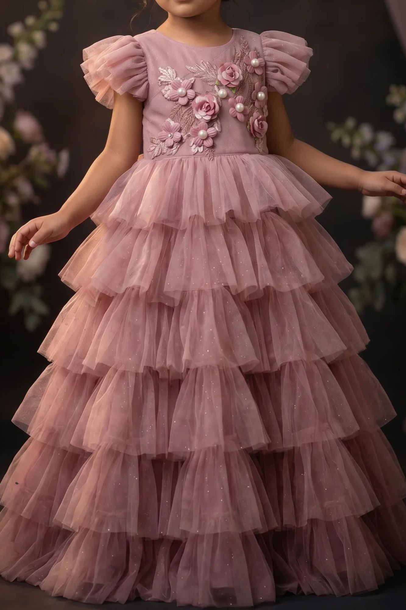 Girls Dusty Pink Layered Ruffle Party Gown with Floral Embellished Bodice