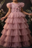 Girls Dusty Pink Layered Ruffle Party Gown with Floral Embellished Bodice