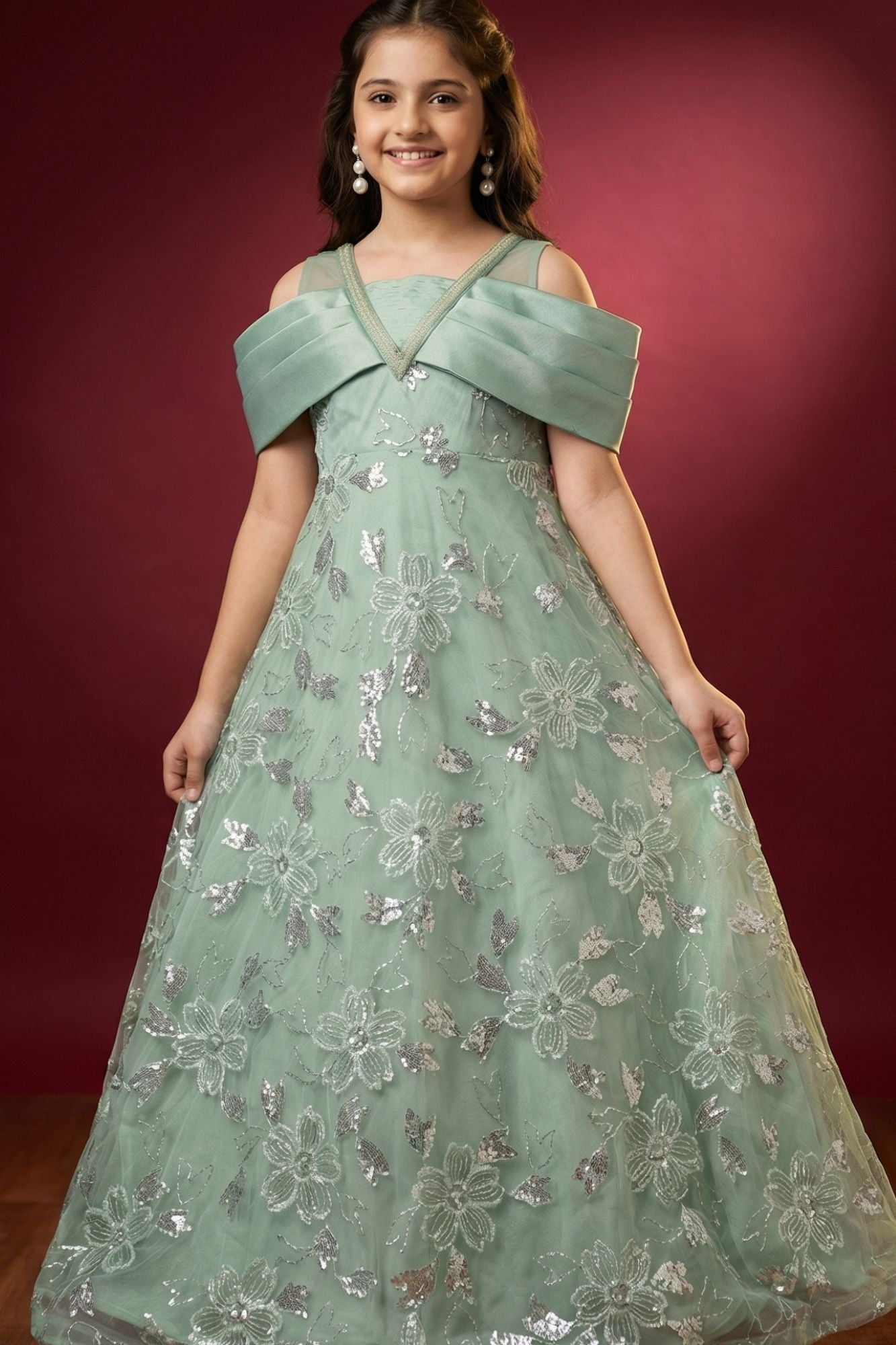 Mint Blue Floral Embroidered Party Gown For Girls