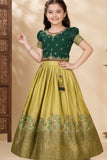 Bottle Green Silk  Pattu Pavadai with Puff Sleeves For Girls
