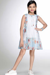 Blue Floral Printed Casual Frock For Girls