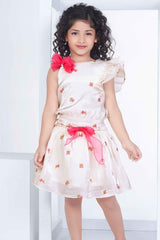 Cream Floral Embroidery Top And Skirt Set For Girls