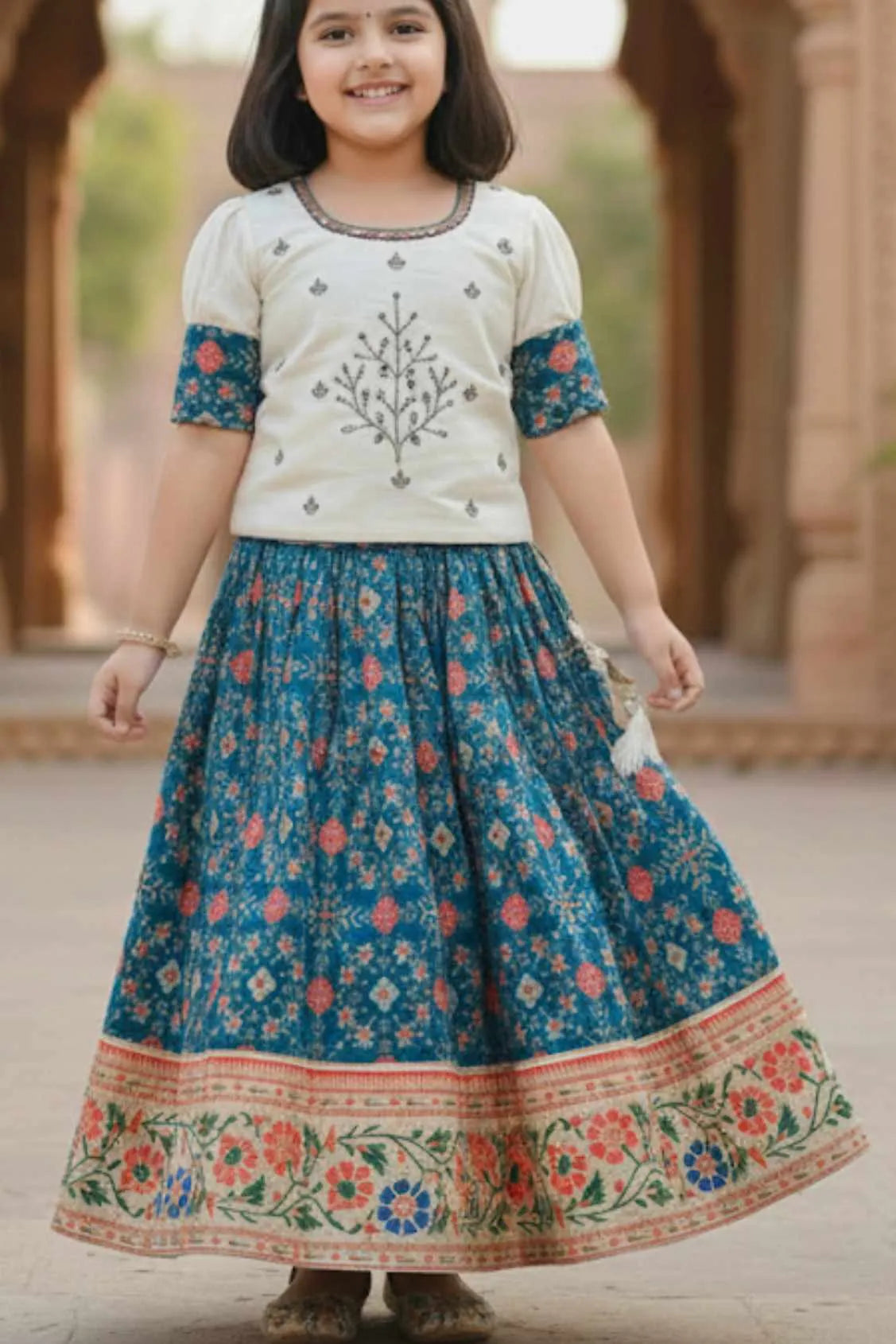 Ivory And Teal Blue Silk  Pattu Pavadai For Girls