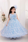 Sky Blue Floral And Butterfly Embellished With Sequins Work Party Wear Gown For Girls
