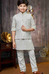 Cream Embroidered Waist Coat With Kurta And Pant Set For Boys