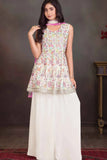 White Palazzo Set with Multicolor Floral Embroidered Top And Dupatta for Girls