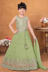 Elegant Pista Green Sequin Embroidery Lehenga Choli For Girls