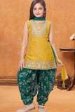 Mustard Sleeveless Kurti with Foil-Print Green Patiala And Dupatta For Girls