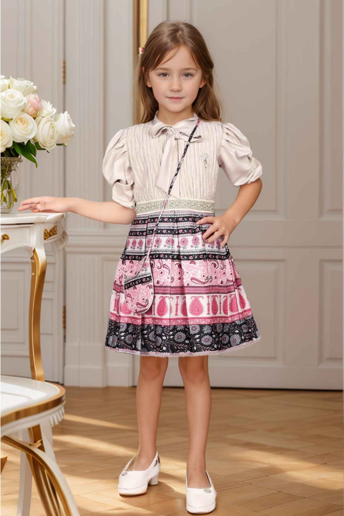 Stylish Beige And Pink Printed Frock With Sling Bag For Girls