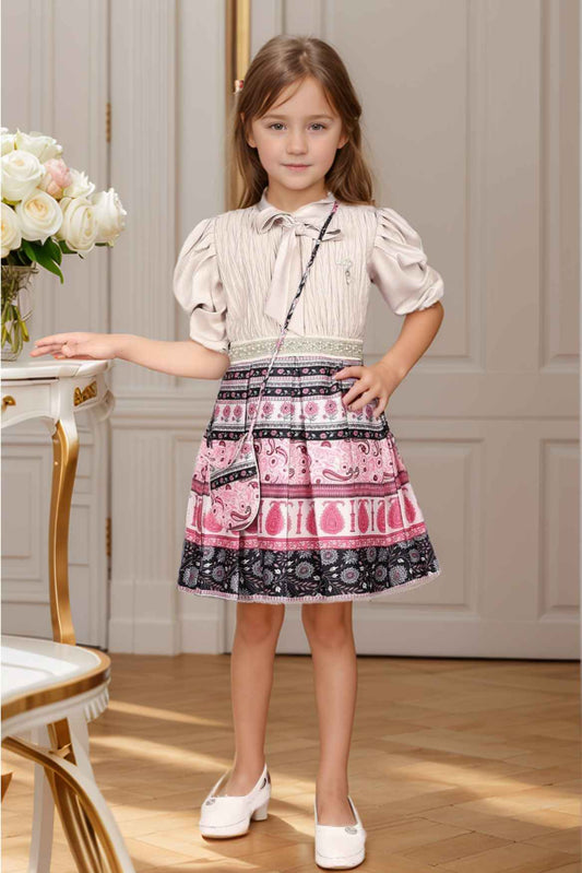 Stylish Beige And Pink Printed Frock With Sling Bag For Girls