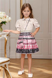 Stylish Beige And Pink Printed Frock With Sling Bag For Girls